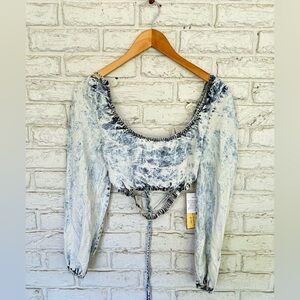 Vintage Havana Women's S Cropped Long Sleeve Chambray LaceBack Top Boho Festival